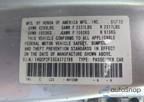 2012 Honda Accord 2.4 Lx z USA, uszkodzony, nr VIN 1HGCP2F35CA072799
